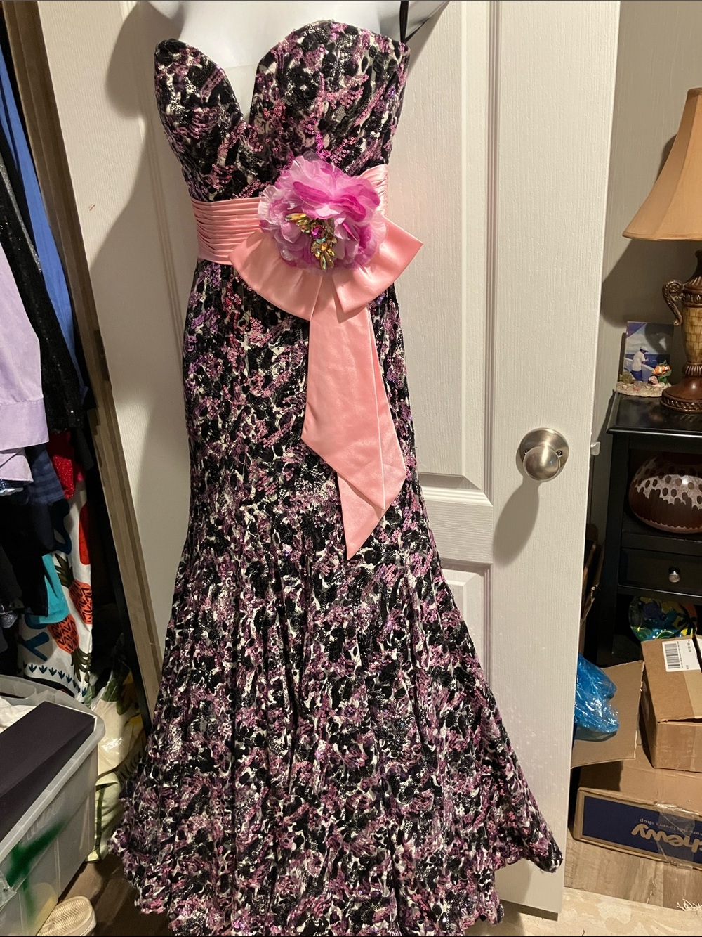 Tony bowlsStrapless Black and Pink Floral Prom Gown with Pink Sash